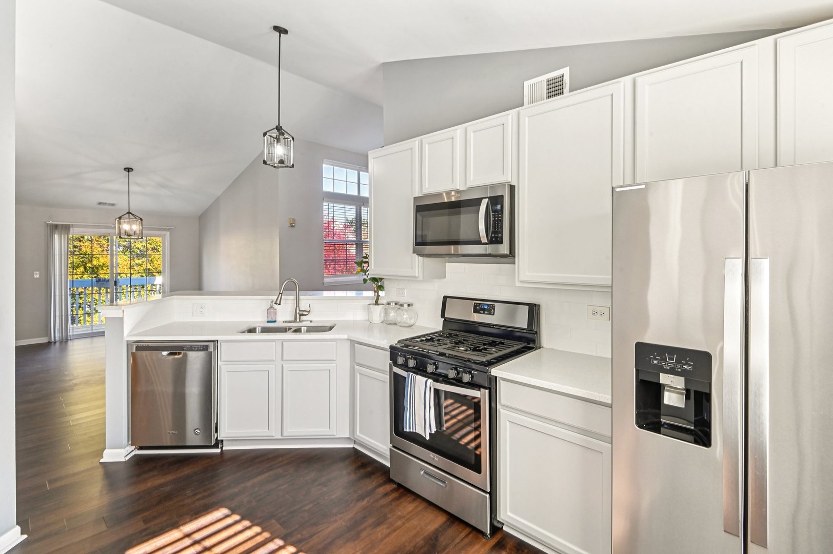 2227 Waterleaf Court, Unit 203 Naperville, IL 60564 - Photo 8 of 28 a kitchen with stainless steel appliances a white stove top oven a sink dishwasher and a refrigerator with wooden floor