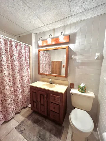 a bathroom with a granite countertop toilet sink and mirror