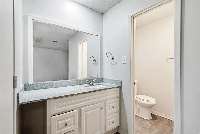 a bathroom with a granite countertop sink a toilet and a mirror