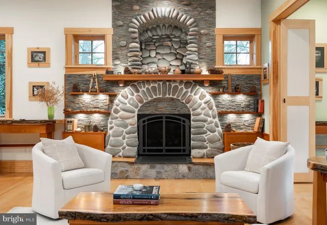 a living room with couches and a view of kitchen with furniture
