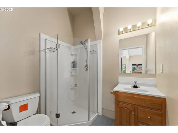 a bathroom with a sink a shower a mirror and a vanity
