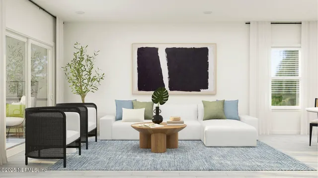 a table and chairs in a small room