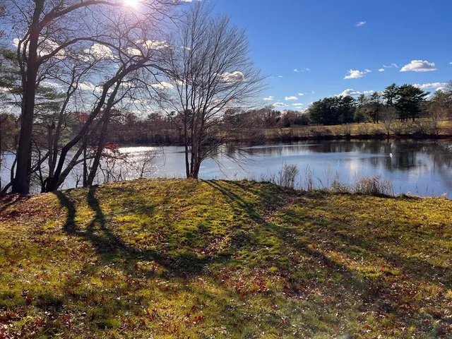 a view of a lake with houses in the back