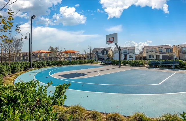 a view of a patio with dining table and chairs potted plants and palm tree