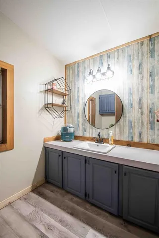 a bathroom with a sink and a mirror
