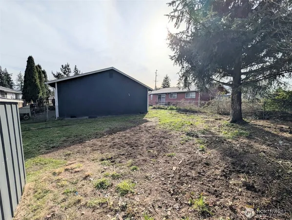 a view of a backyard with a tree
