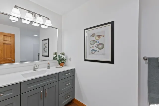 a bathroom with a sink mirror and vanity