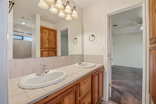 a bathroom with a sink vanity and a mirror