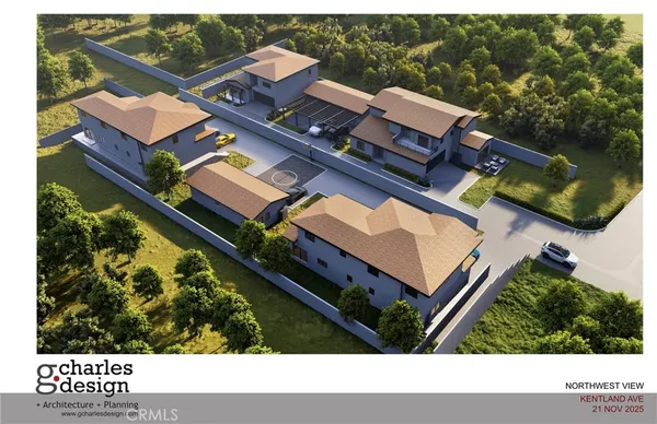 an aerial view of a house with a garden and swimming pool