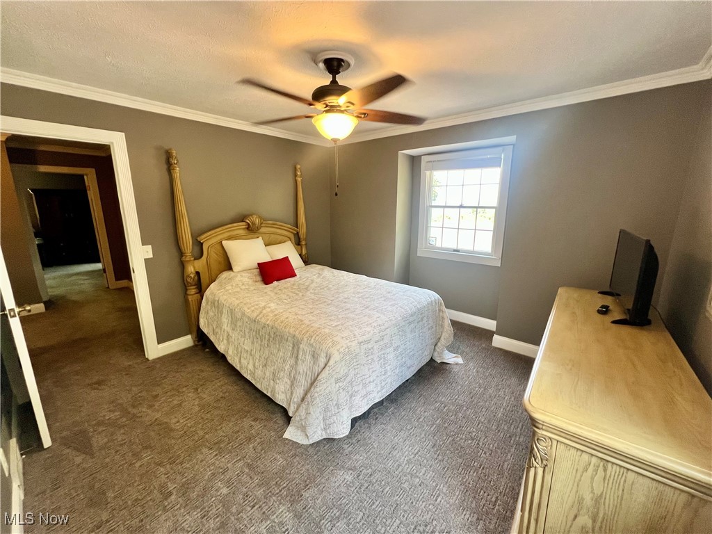 3840 Tabor Ridge Road Northeast Mineral City, OH 44656 - Photo 26 of 40 Carpeted bedroom featuring crown molding and ceiling fan