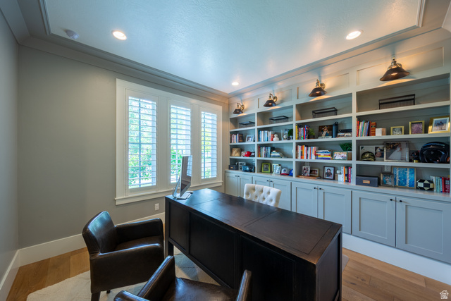 630 East Center Street Alpine, UT 84004 - Photo 13 of 115 Dedicated workspace featuring extensive custom built-in cabinetry and shelving with integrated lighting