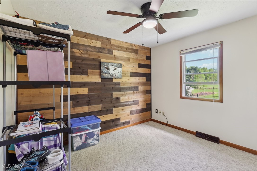41553 Parsons Road Lagrange, OH 44050 - Photo 33 of 50 Bedroom featuring wood walls, carpet flooring, baseboards, and ceiling fan