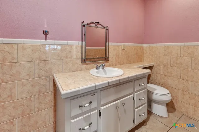 a bathroom with a sink toilet and mirror