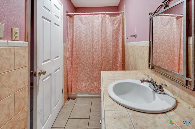 a bathroom with a sink a mirror and a shower