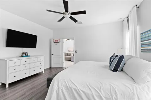 a bedroom with a bed and a flat screen tv