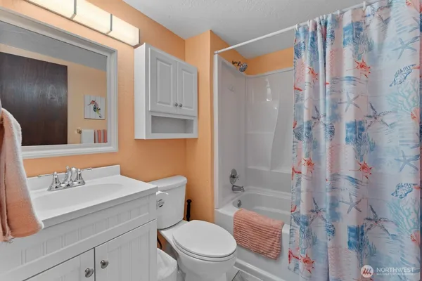 a bathroom with a sink toilet vanity and shower