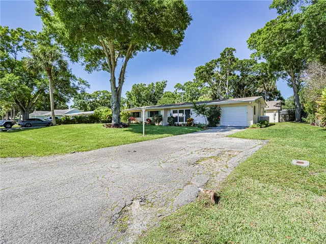 a view of a house with backyard and a tree