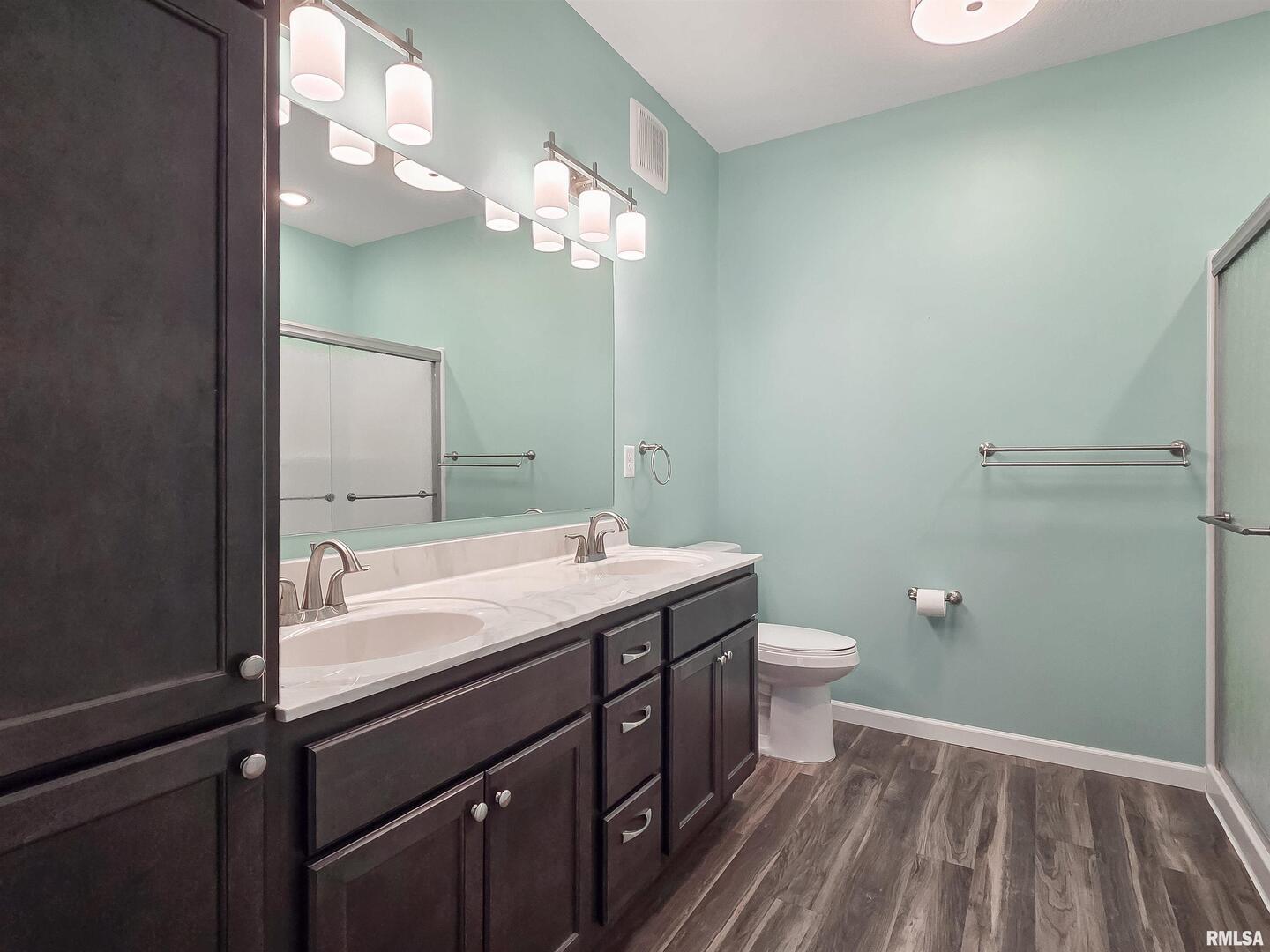 2592 Middle Road, Unit 313 Bettendorf, IA 52722 - Photo 35 of 52 a bathroom with a sink a toilet a light fixture and a mirror