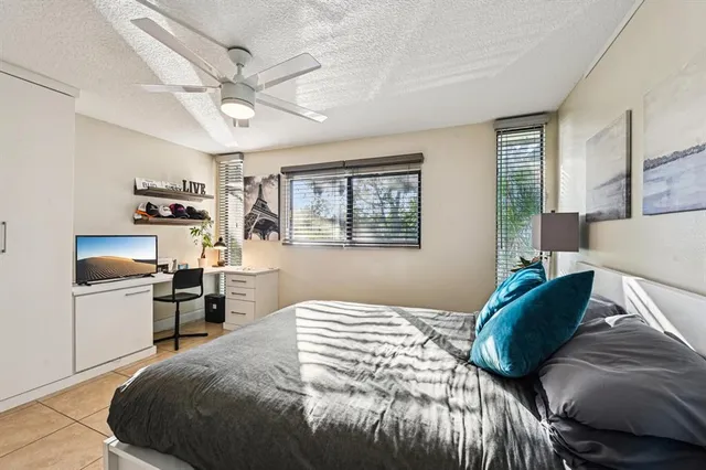 a bedroom with a bed and a desk