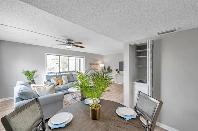 a living room with furniture and a potted plant