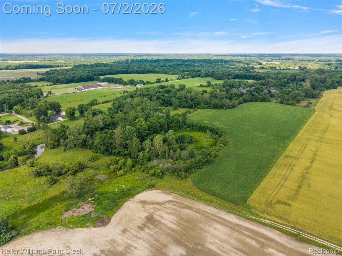 54230 Card Road Macomb, MI 48042 - Photo 28 of 73 Expansive rural landscape featuring cultivated fields, mature tree lines, a visible water feature, and distant agricultural structures