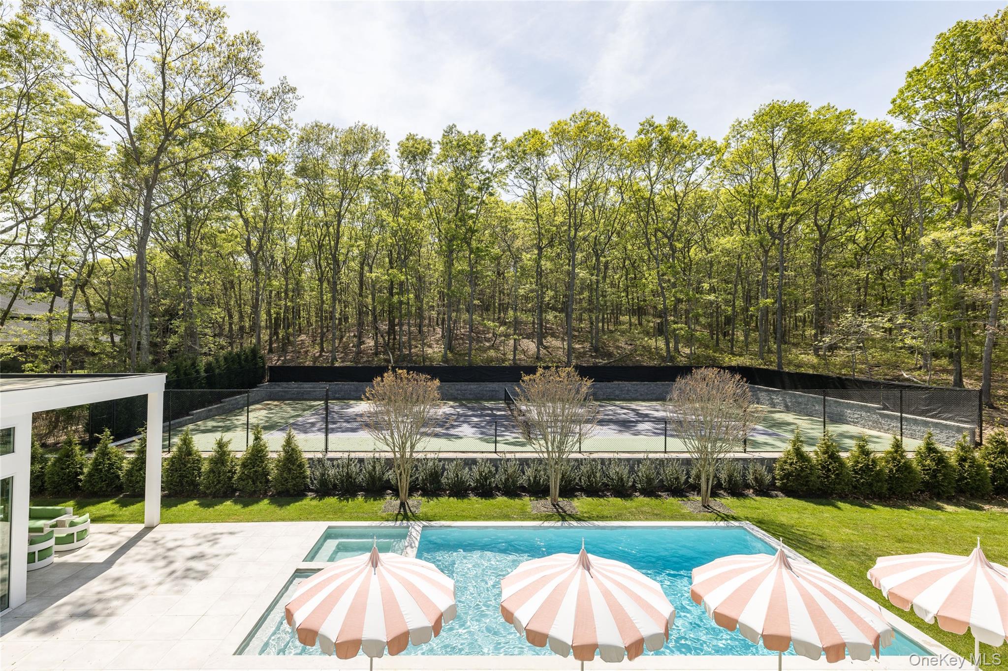 1552 Deerfield Road Water Mill, NY 11976 - Photo 28 of 37 a view of a swimming pool and trees in the background