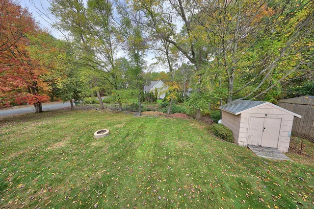 a view of a backyard with a garden and trees