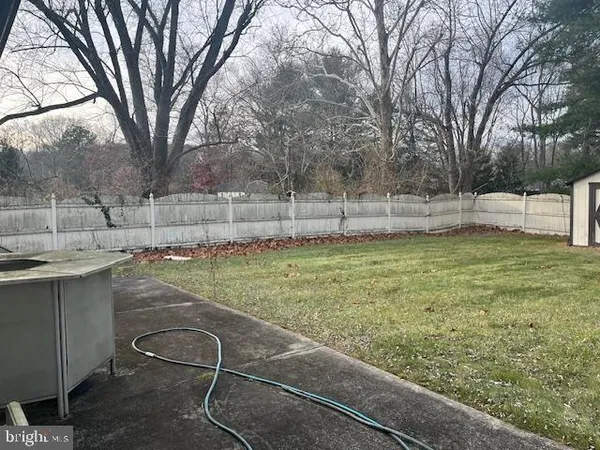 a view of a backyard with large trees