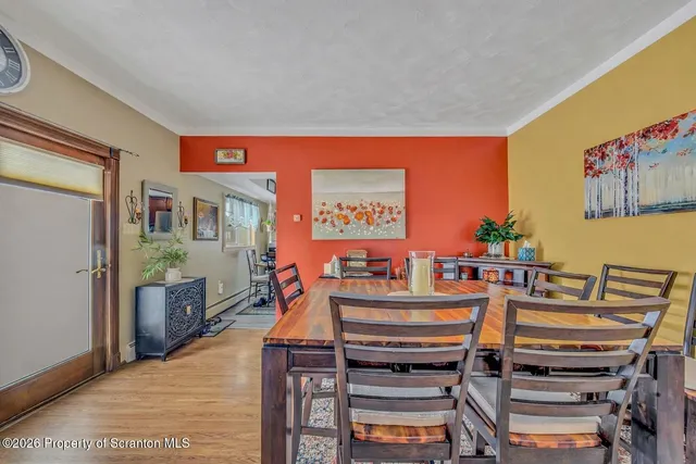 a view of a dining room with furniture