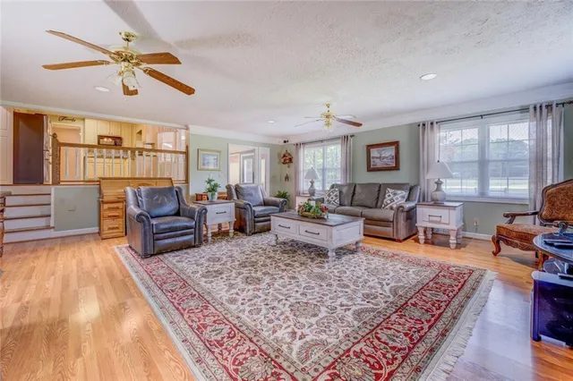 a living room with furniture and a rug