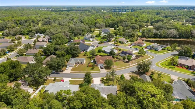 an aerial view of residential houses with outdoor space and trees