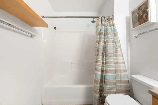 a bathroom with a shower curtain and a toilet