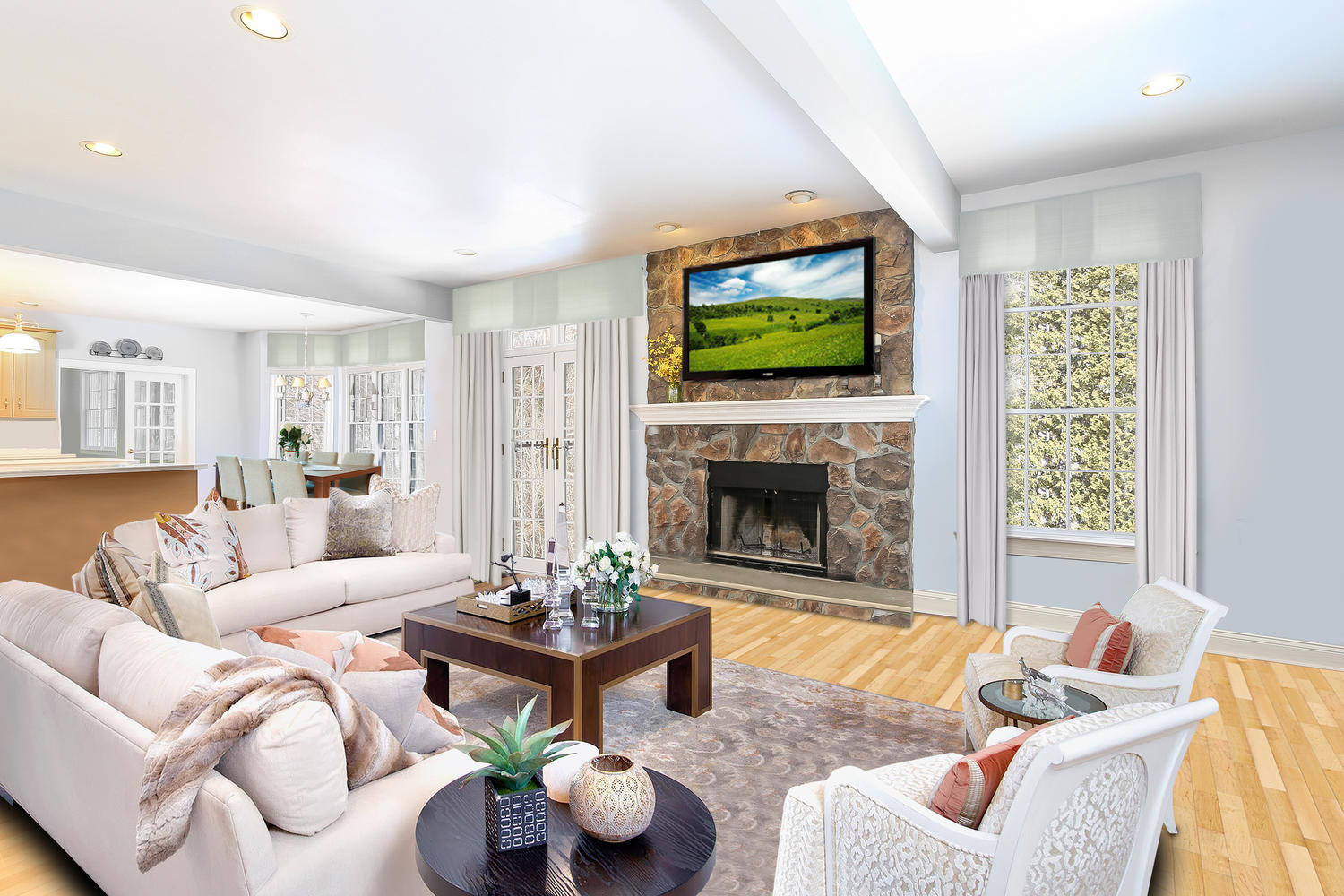 152 Old Studio Road New Canaan, CT 06840 - Photo 3 of 35 a living room with furniture a flat screen tv and a fireplace