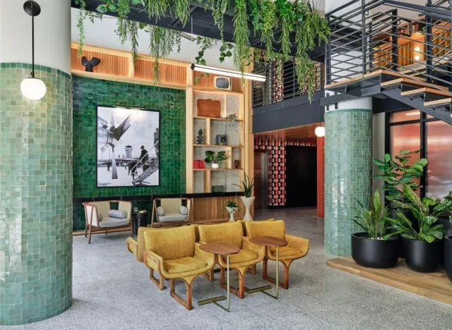 an outdoor space with seating