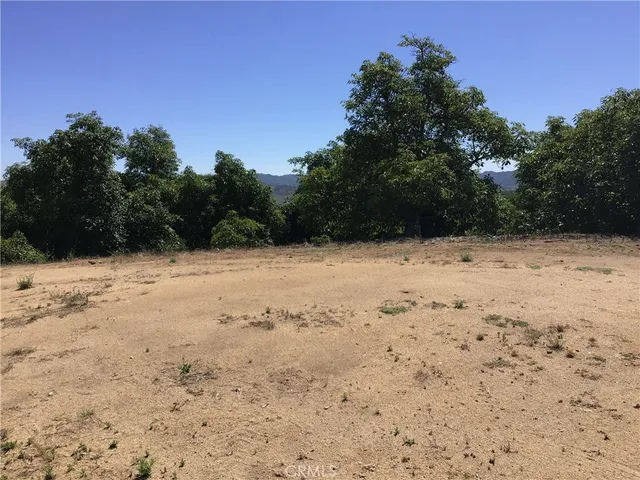 a view of a dry yard with a mountain