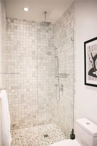 a bathroom with a shower and toilet