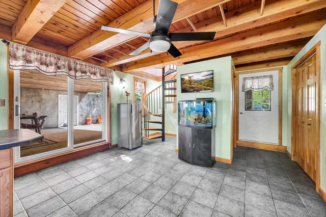 a view of a room with racks on the wall