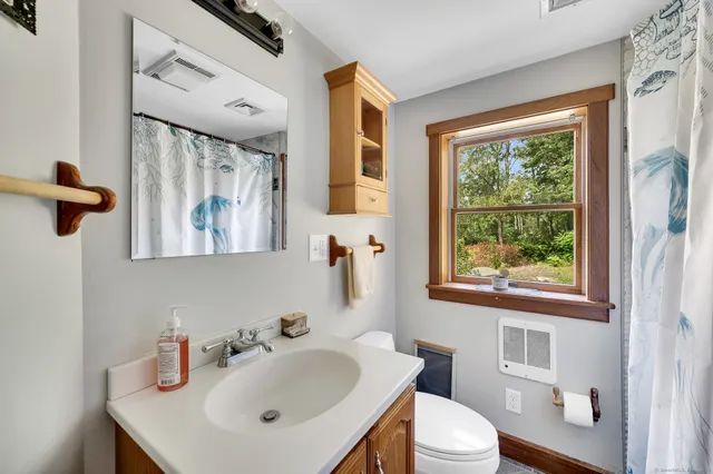 a bathroom with a sink a toilet and a mirror