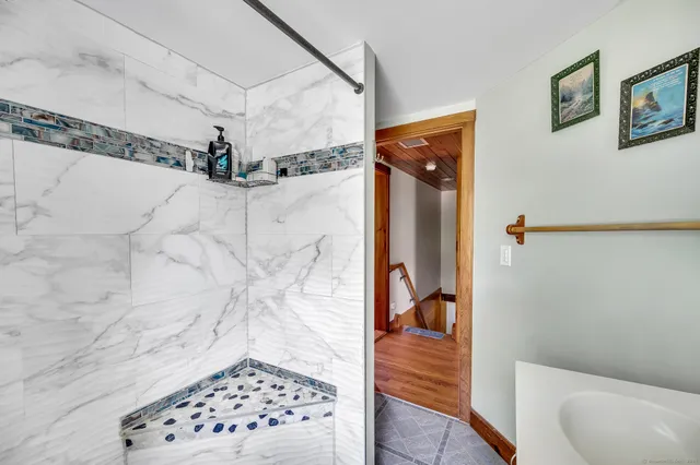 a bathroom with a shower and a toilet