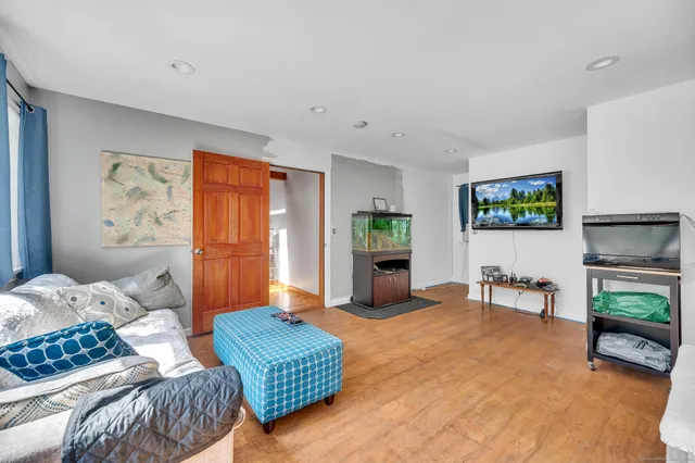 a bedroom with furniture and a wooden floor