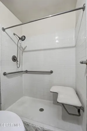a bathroom with a shower and toilet