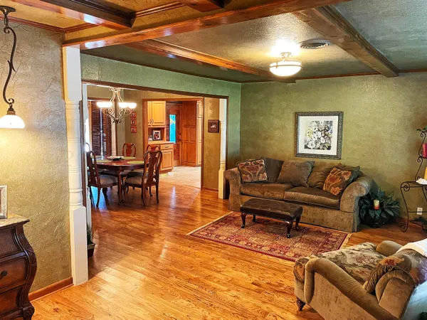 a living room with furniture and a dining table with kitchen view