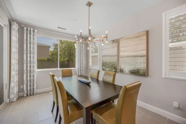 a view of a dining room with furniture and window