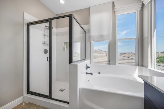 a bathroom with a bathtub and a shower