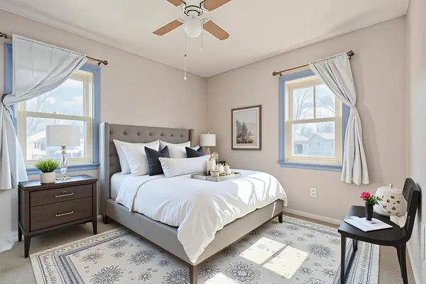 a bedroom with a bed and windows