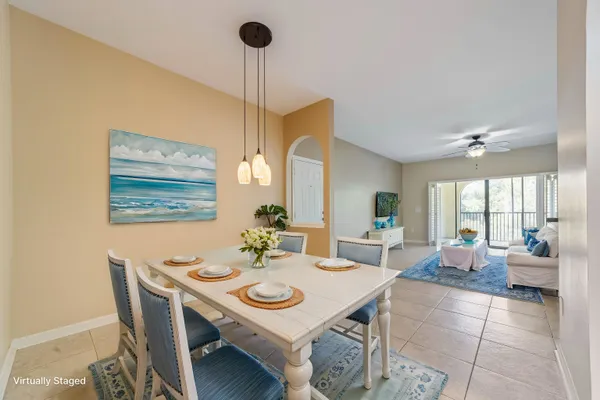 a view of a dining room with furniture window and outside view