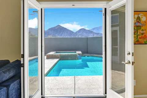 a bathroom with a small yard