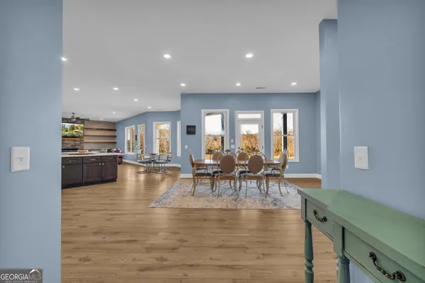 a view of a dining room with furniture