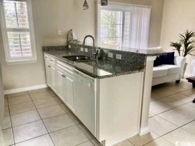 4840 Moss Creek Loop, Unit 31 Murrells Inlet, SC 29576 - Photo 8 of 24 Kitchen with a peninsula, light tile patterned floors, dark stone counters, white dishwasher, and white cabinets