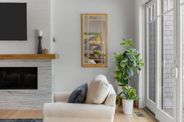 a living room with furniture a potted plant and a fireplace